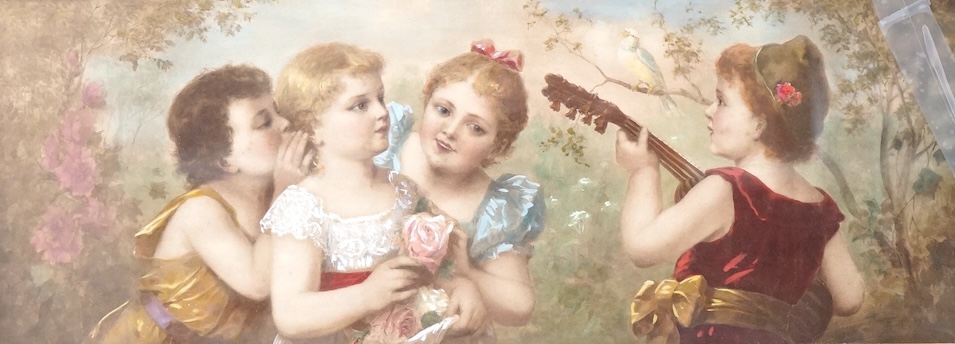 A late 19th / early 20th century French School, watercolour, Four children before flowers and birds, 13 x 33cm